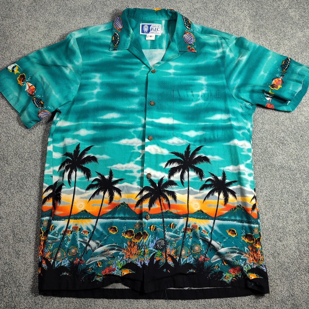 RJC Hawaii Shirt Men's M Green Aloha Palm Tree‎ Ocean Fish Tropical Button Up